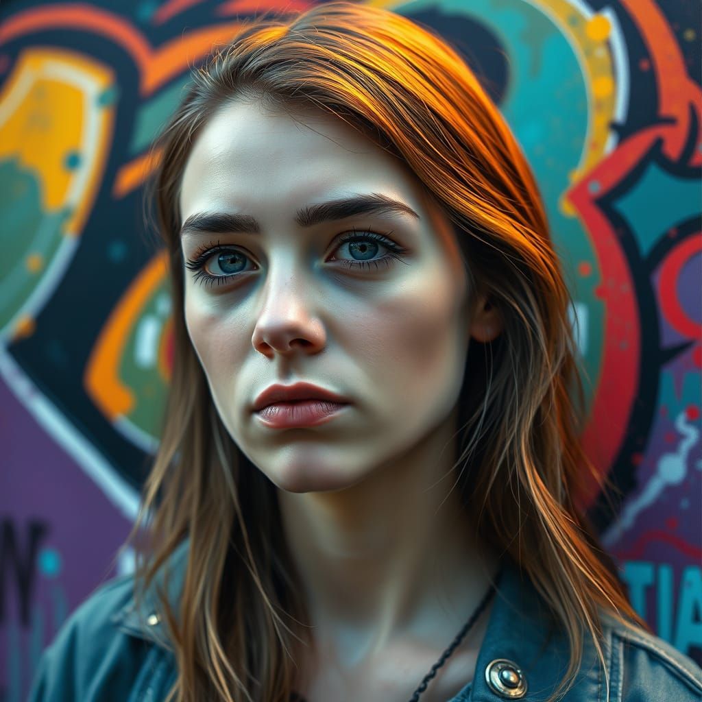 Young Woman's Tenderness Amidst Graffiti Art