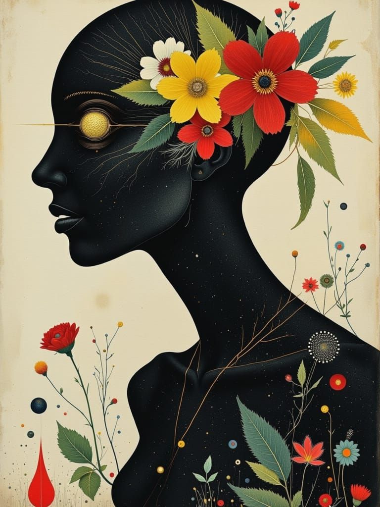 Gothic Flowercore Woman in Surreal Watercolor Abstract