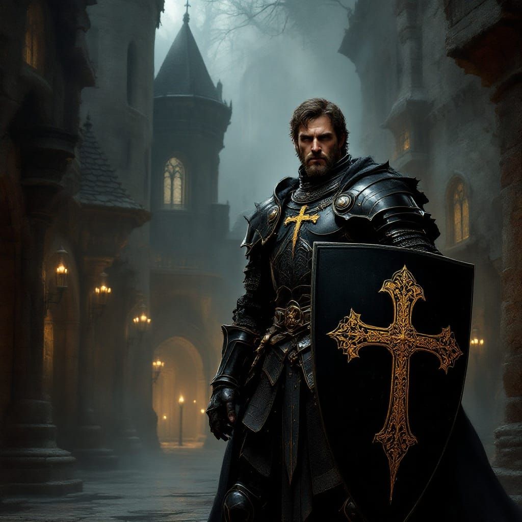 Medieval Knight in Black Armor with Gold Cross
