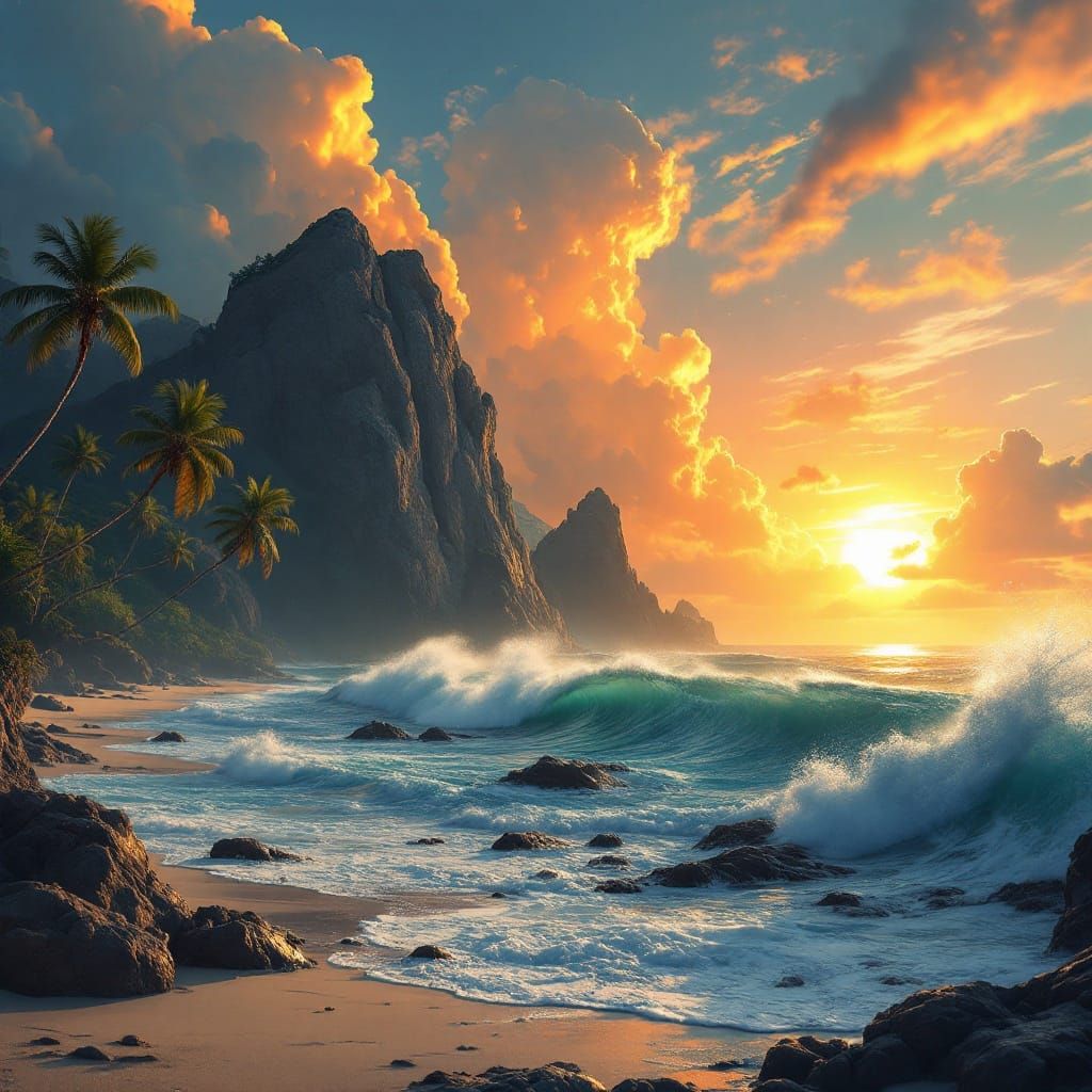 Majestic Ocean Waves Crash Against Rugged Beach Rocks at Sun...