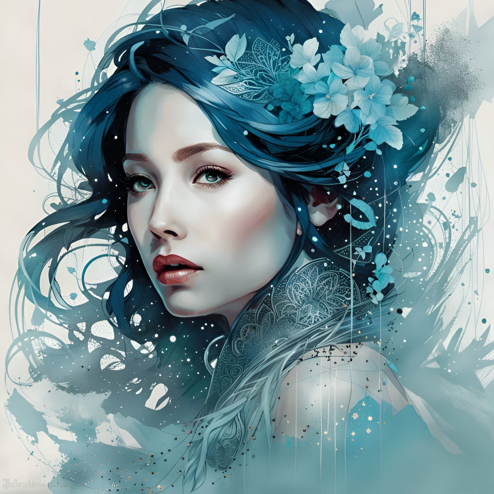 Princess Ariel Portrait with Light Blue Filigree