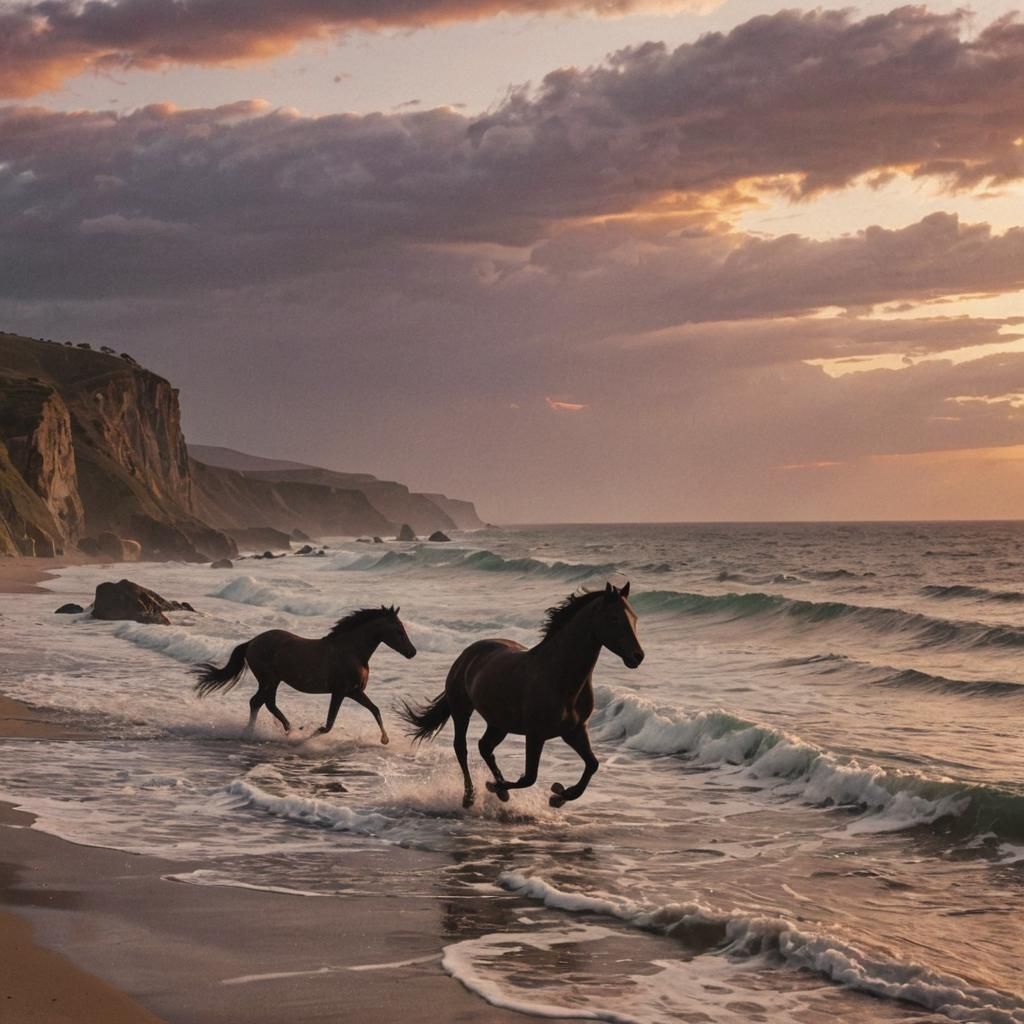 Cinematic Stallion and Mare Running Free at Sunset