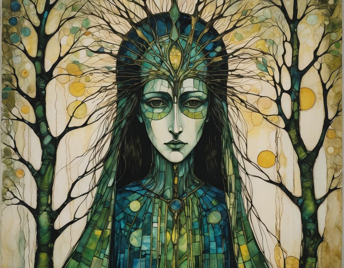 Stained Glass Masked Figure in Surreal Tree Village