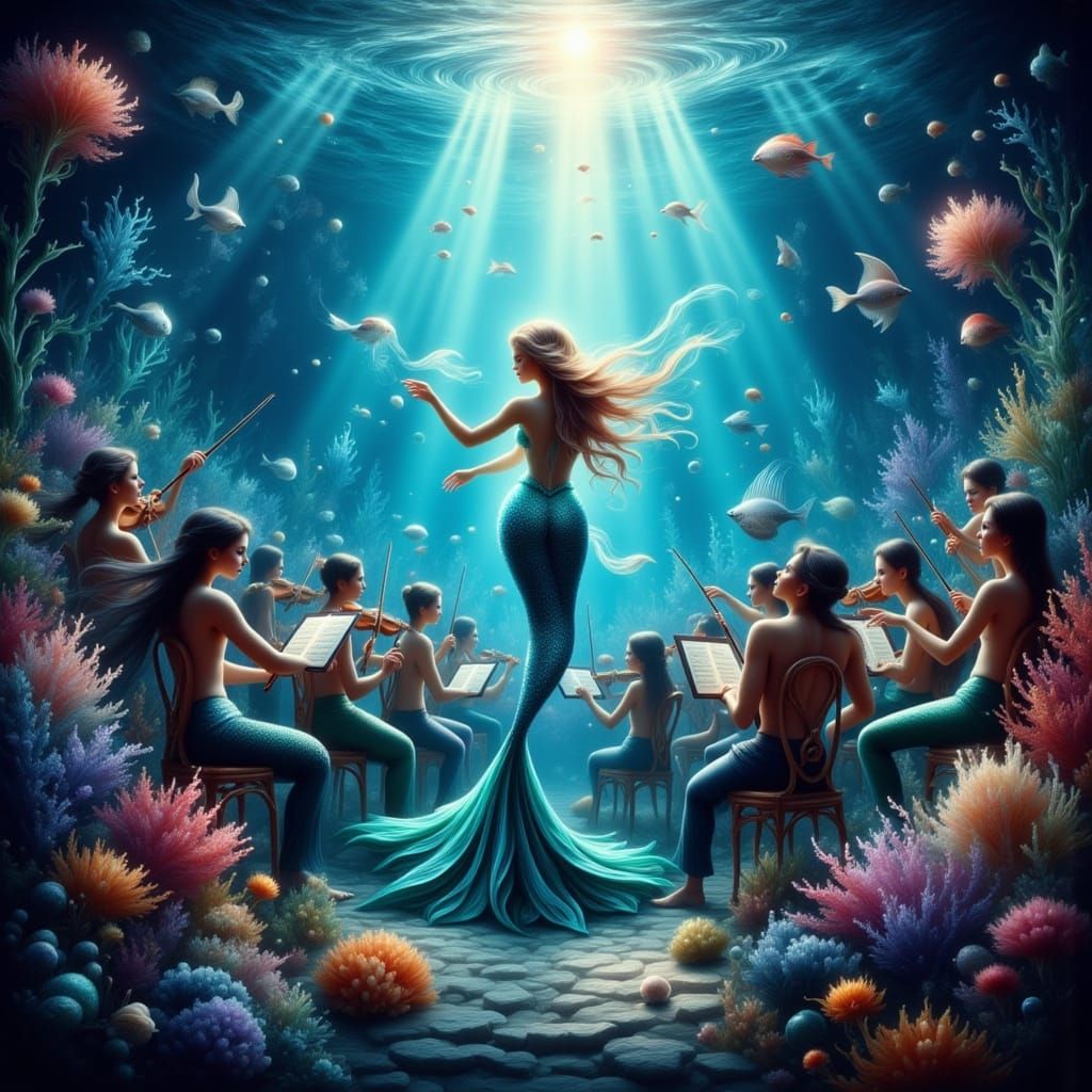 Mermaid Queen's Underwater Concert in Hyperrealistic Style