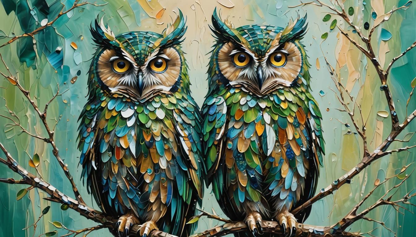 Bejeweled Owl Perched on Branch as Oil Painting