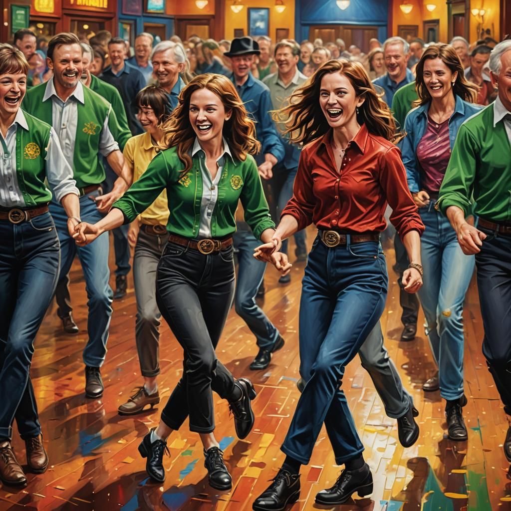 Energetic Irish Line Dancing in Splash Art Style