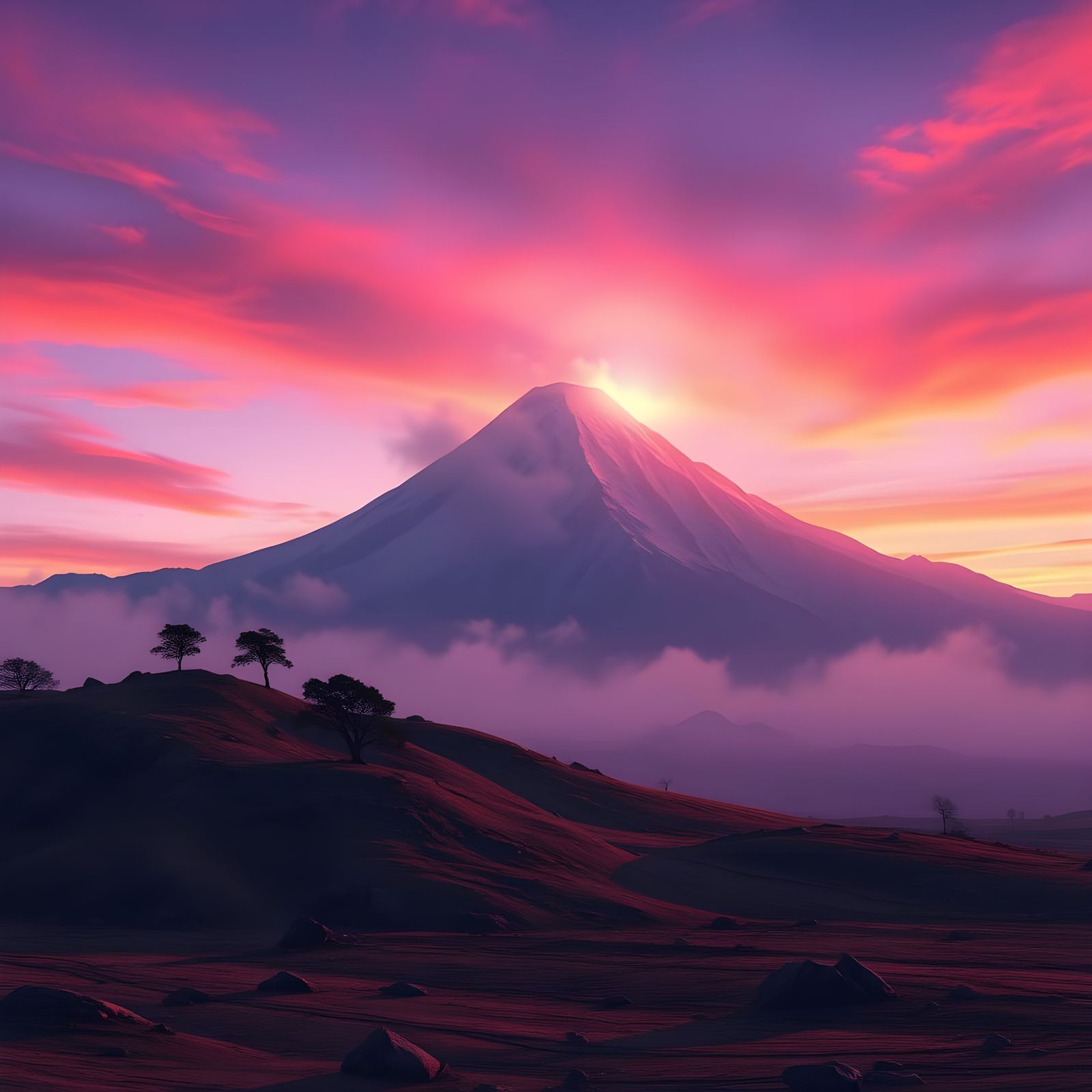 A cinematic 3D cartoon style panoramic view of Mount Kailash during twilight. The sky is filled with vibrant hues of pur...