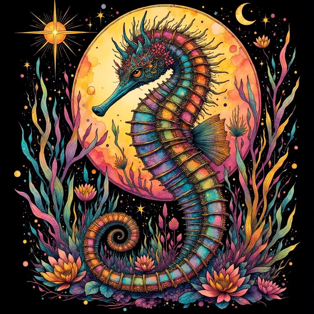 Luxurious Celestial Seahorse in Art Nouveau Style