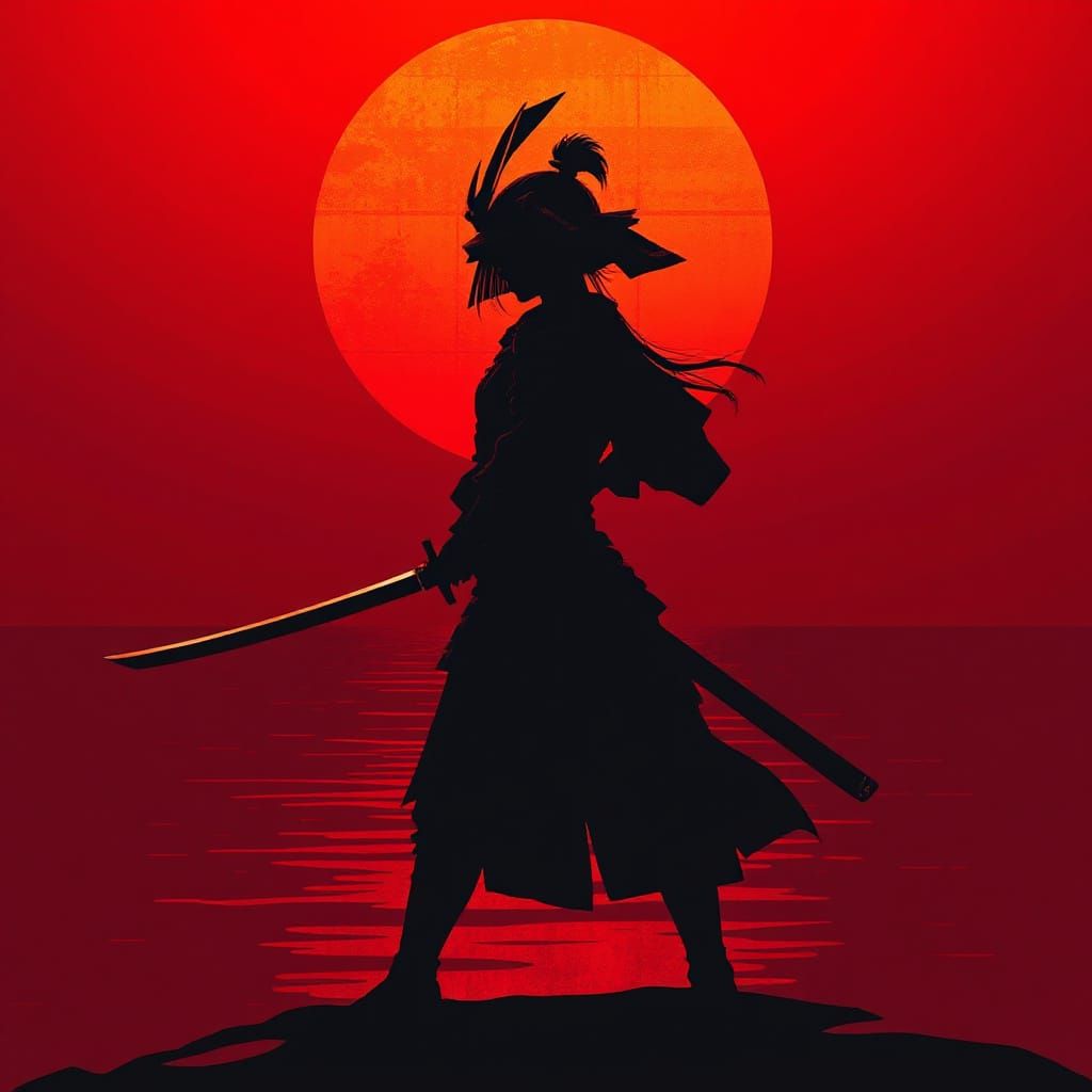 Samurai Warrior Against Blood Red Sunset