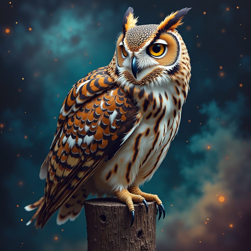 Wise Old Owl Portrait in Bold Fractal Art