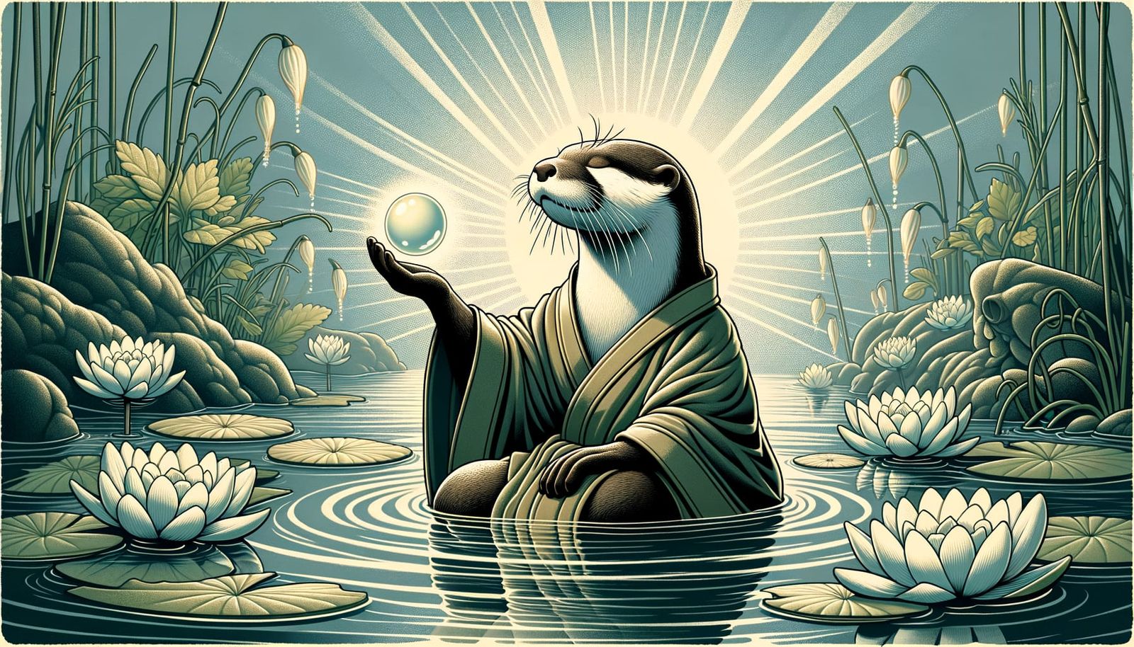 Wise Otter with Pearl in Underwater Garden