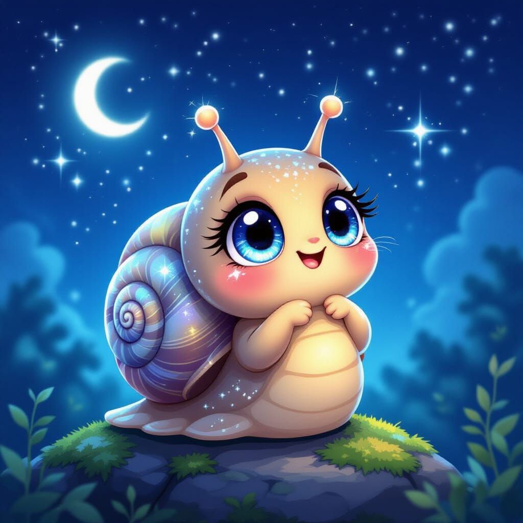 Chibi snail with enormous twinkling eyes reflecting starlight, eyebrows raised in amazement, tiny hands clasped under ch...