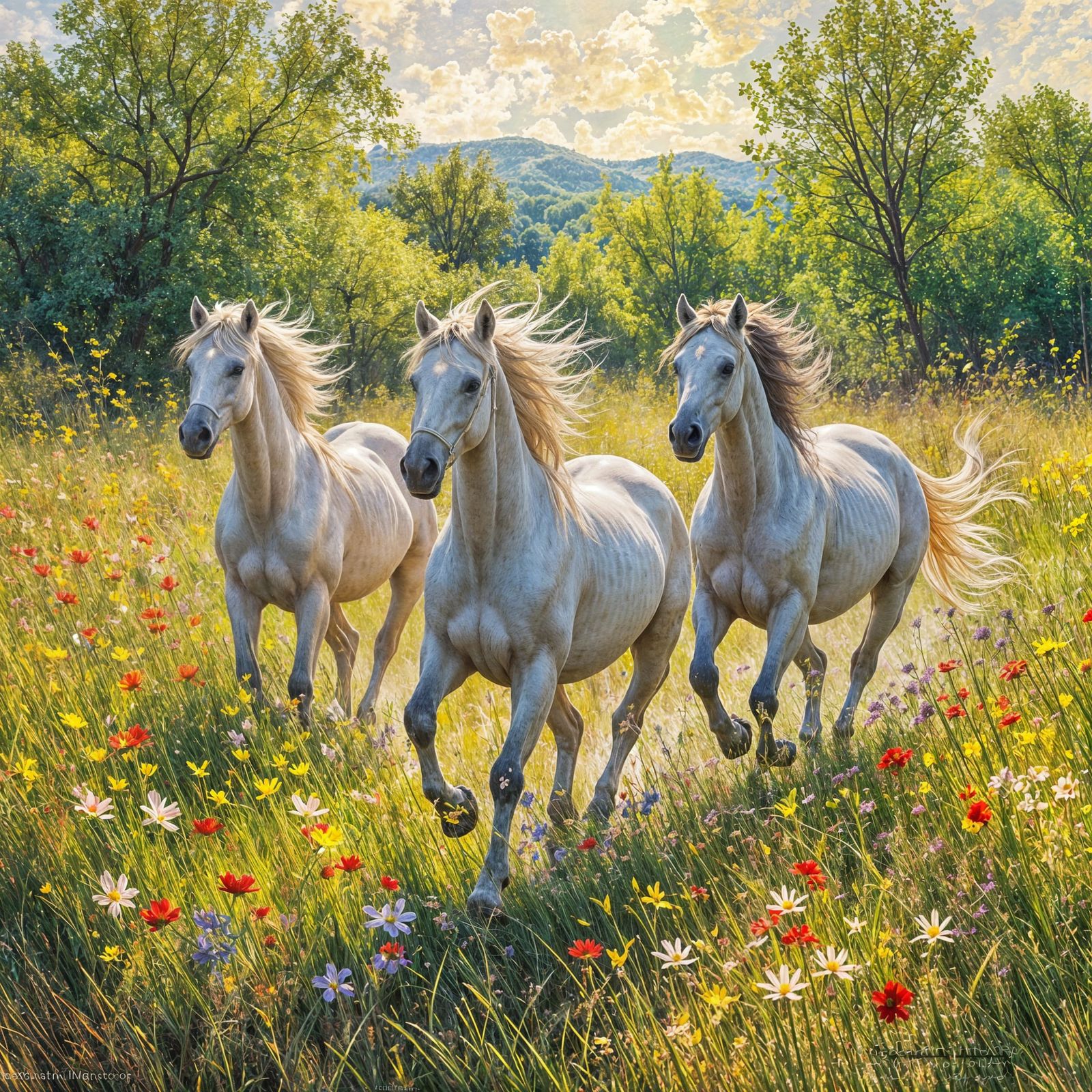 Impressionism. Wide shot. A herd of ethereal horses gallop through a vibrant, sun-drenched meadow filled with wildflower...