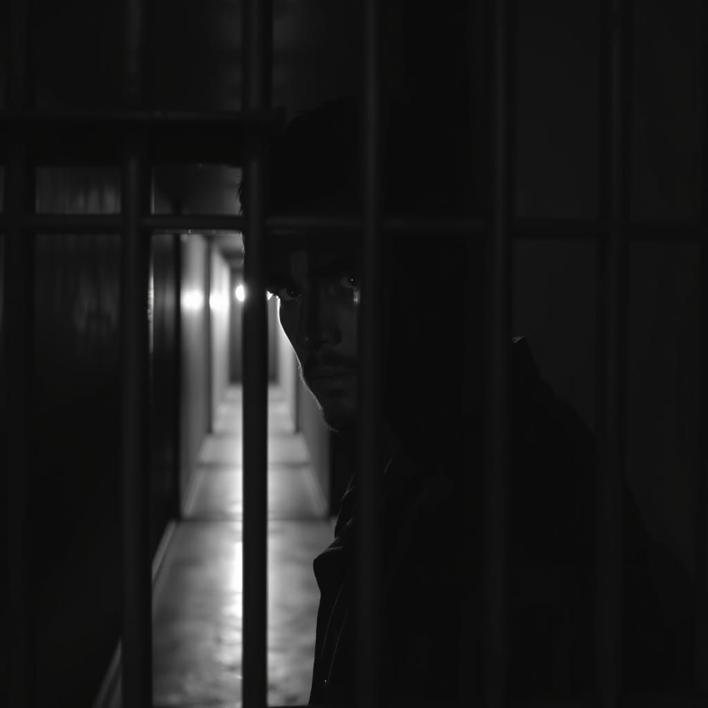 Gritty Prison Cell Scene in Film Noir Style