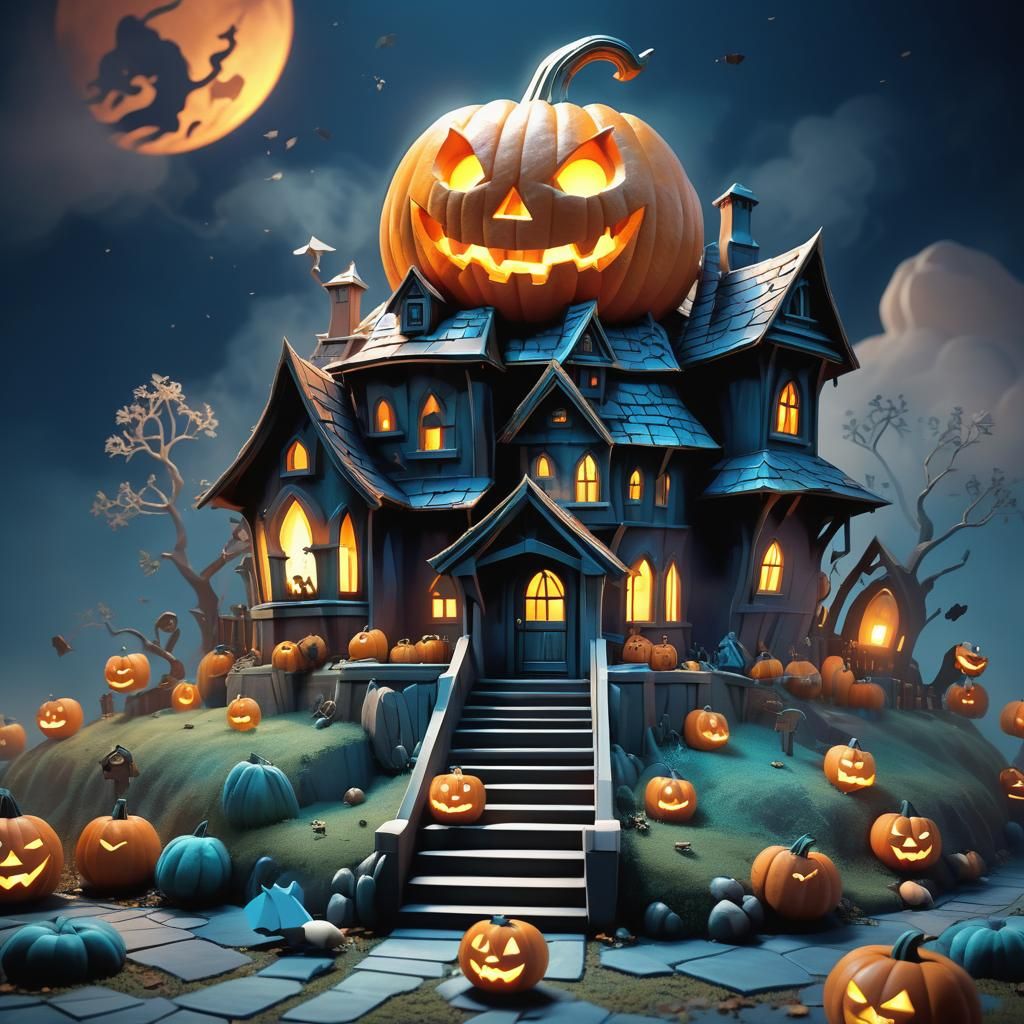 Eerie Jack-o-Lantern Mouse House in Low-Poly Art