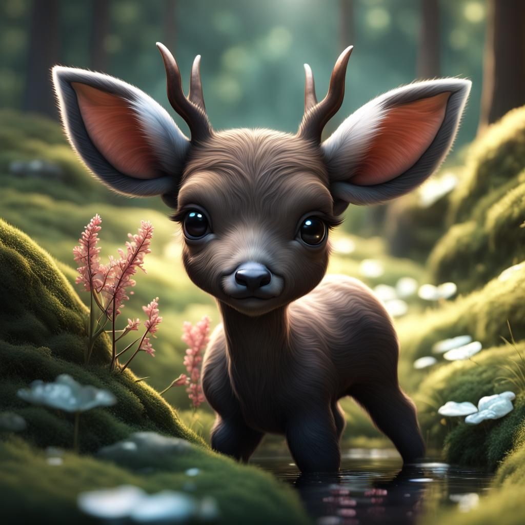 Chibi Tufted Deer in Dark Fantasy Landscape