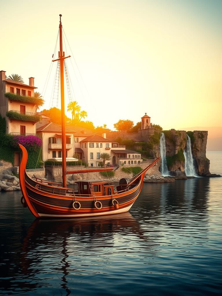 Golden Hour Sailship by Tranquil Village and Ancient Ruins