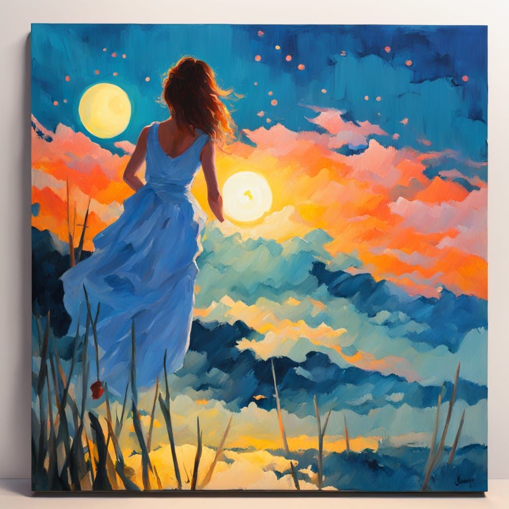 Woman in Moonlight Impressionist Painting