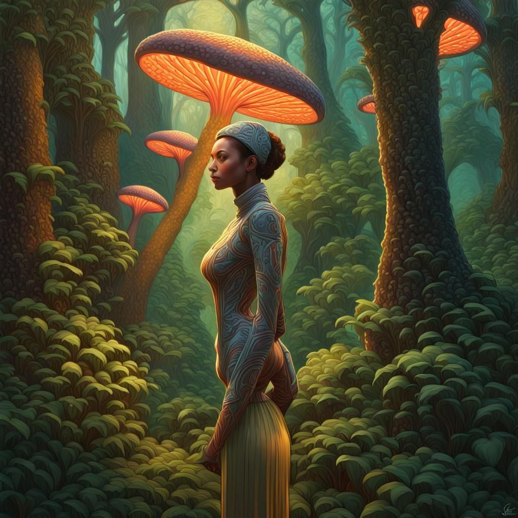Woman in Futuristic Forest: Hyper-Realistic Digital Art