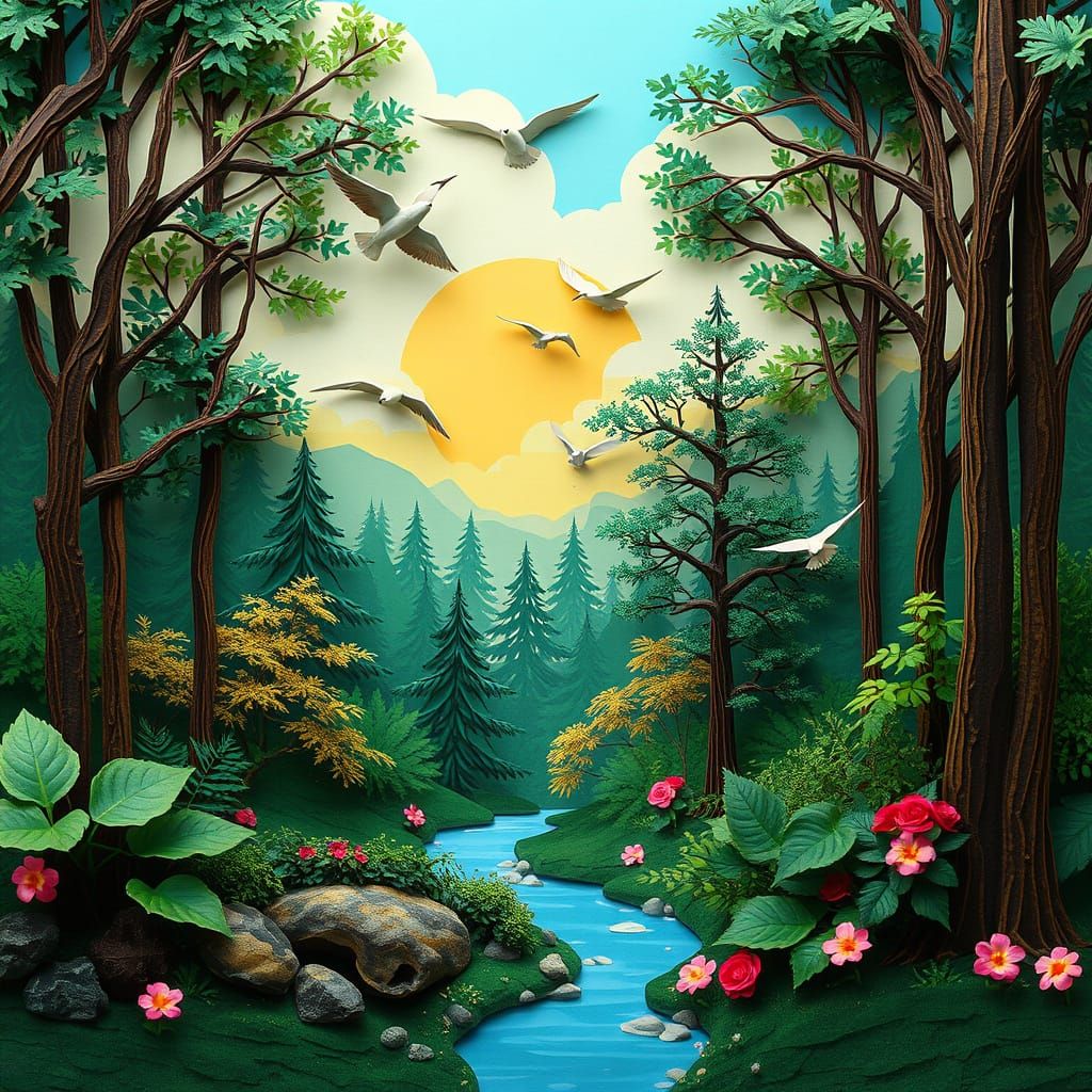Paper Forest Landscape with Flying Birds