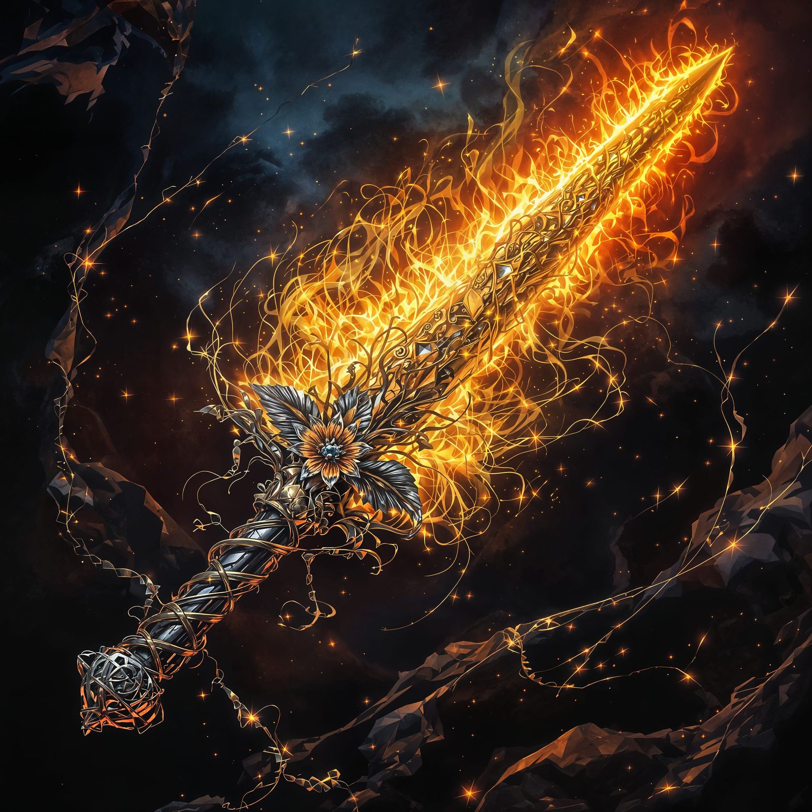 Sword of Radiant Metal in Glowing Nighttime Environment