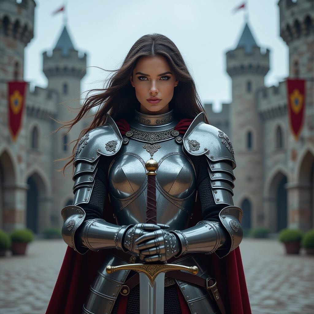 Female Knight in Medieval Castle Courtyard
