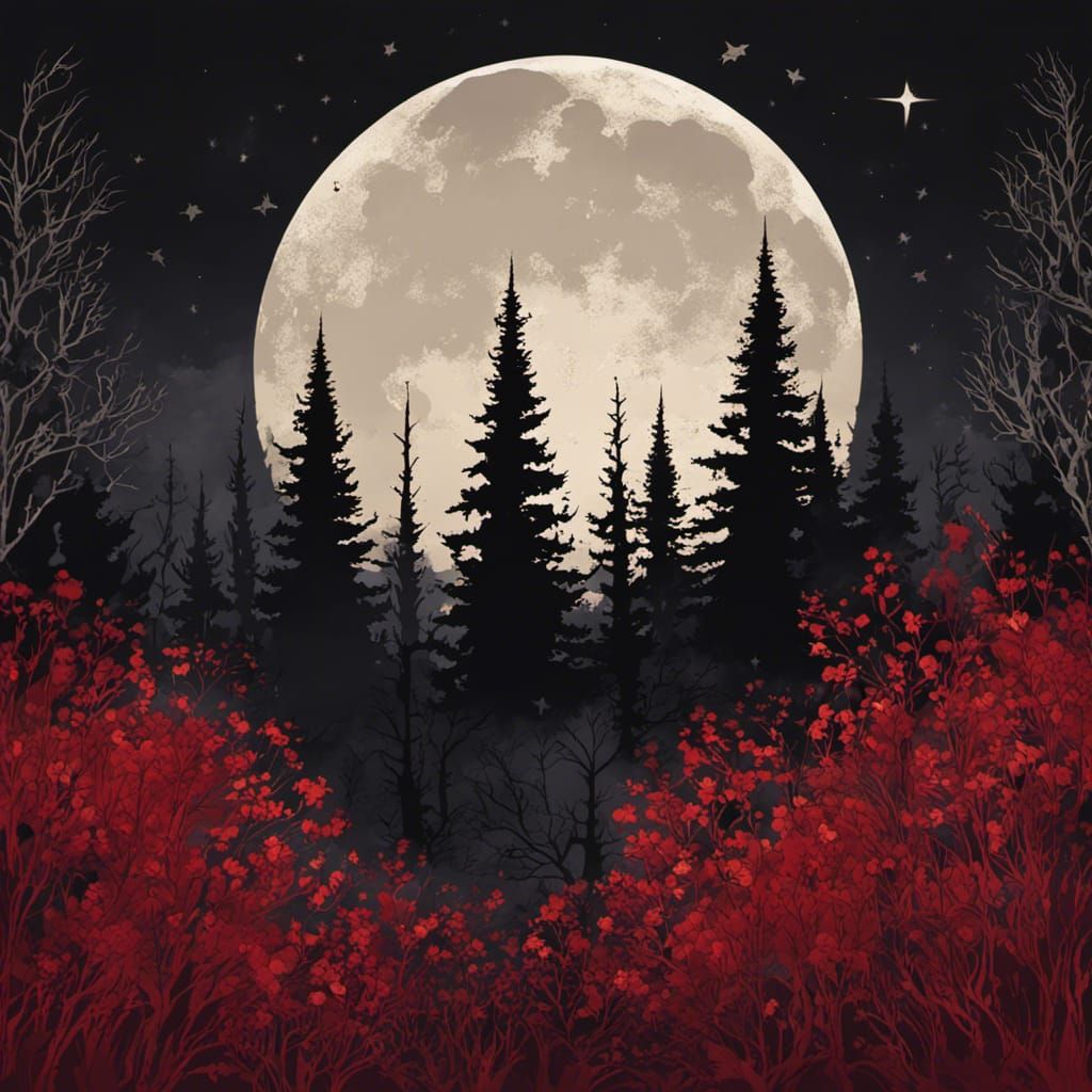Gothic Tim Burton Forest with Red Moon