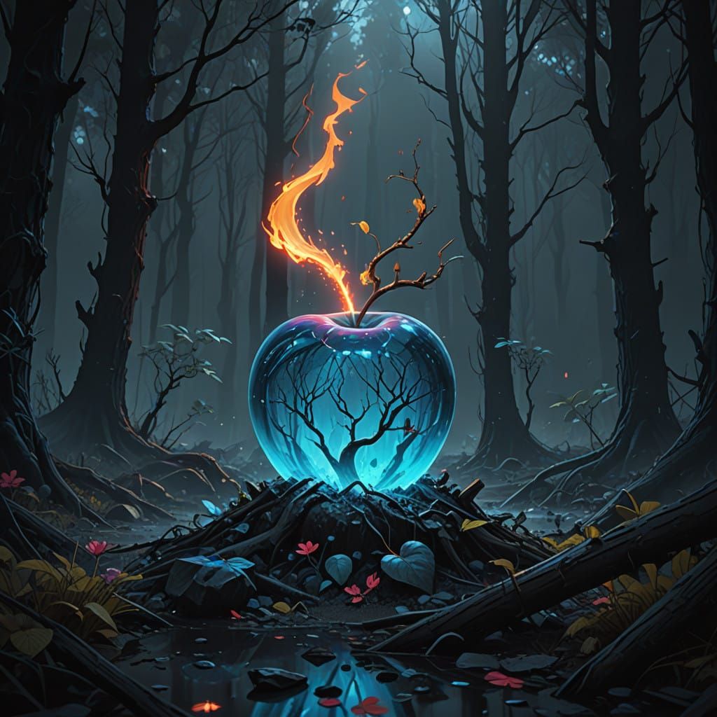 Haunting Liquid Apple Amidst the Burning Palisades Forest