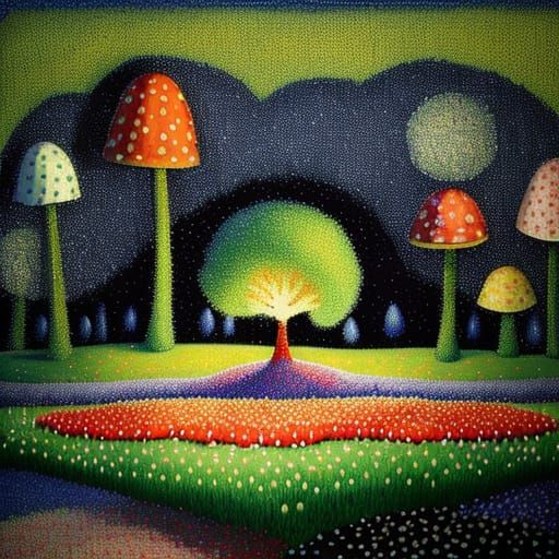 Whimsical Springtime Field in Pointillist Style