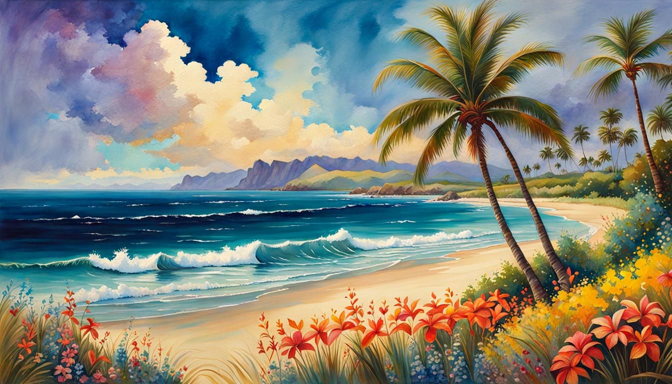 Hawaii Beach Scene in Retro Gouache Style