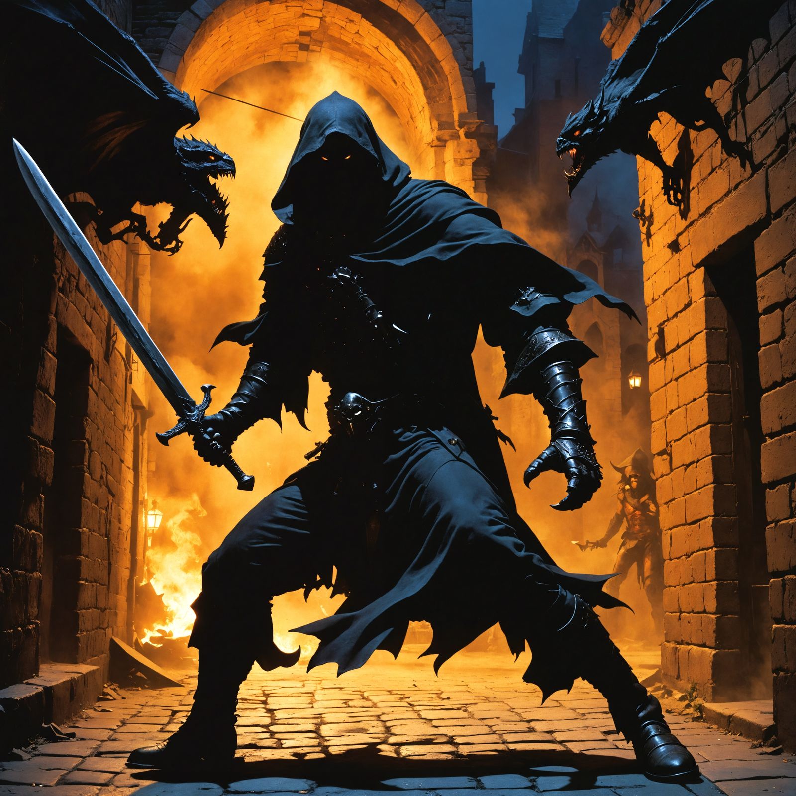Warrior vs Demon in Dark Alley, Fantasy Art