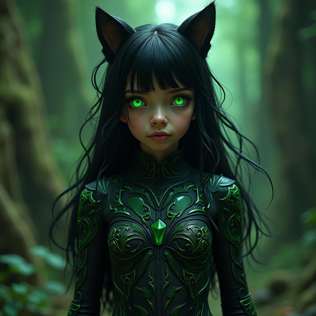 Green-Eyed Cat Heroine in Stylized Matte Painting