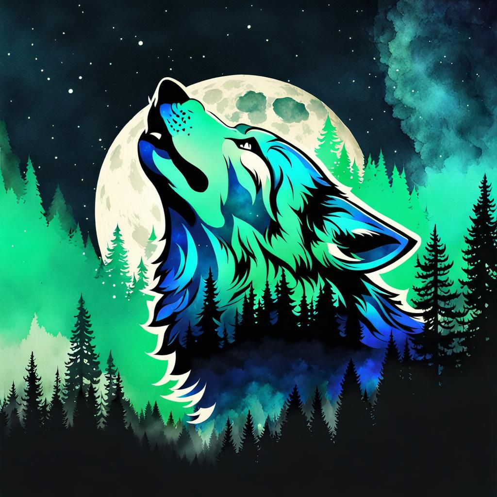 Double Exposure Wolf Head in Watercolor Night Sky