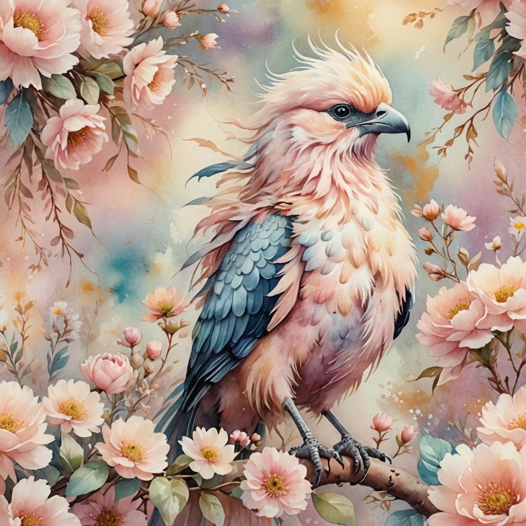 Fluffy Fantasy Bird in Vintage Watercolor Style