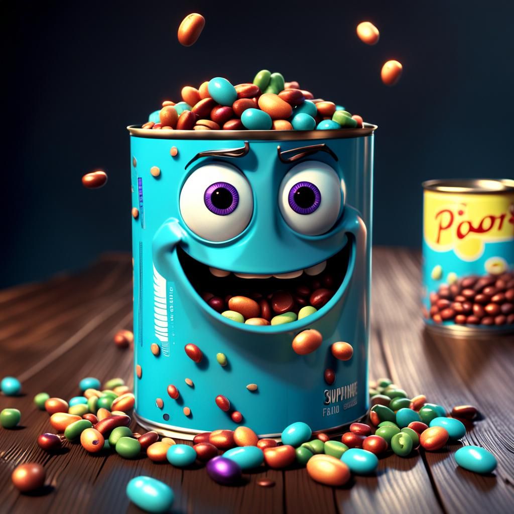 Animated Jumping Beans Spill from Can, Pixar Style