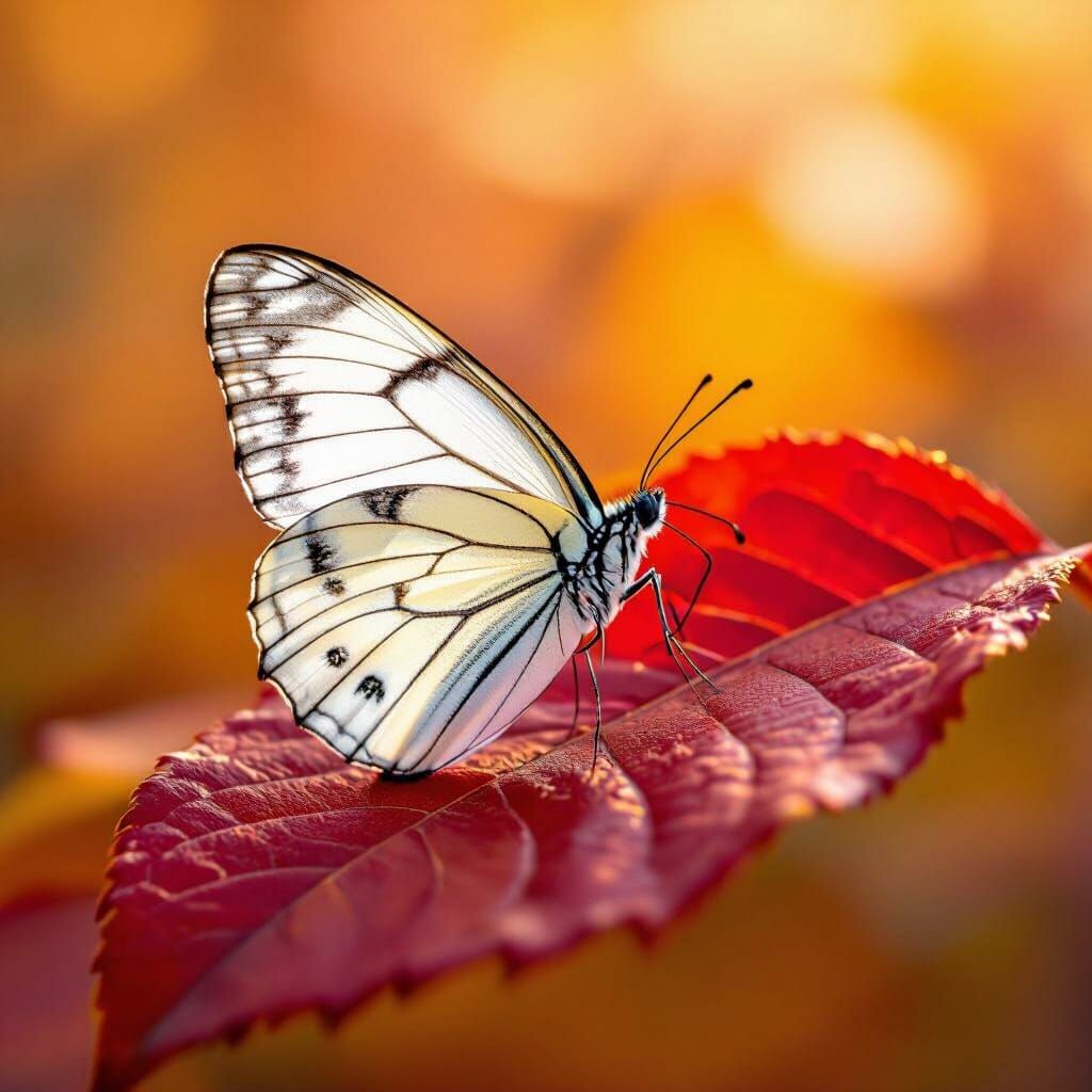 White Monarch Butterfly on Crimson Autumn Leaf