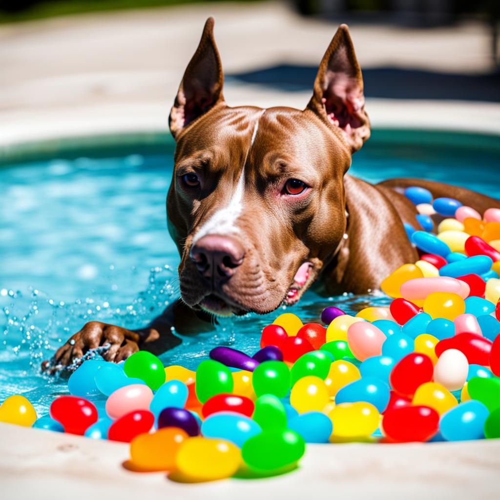 Pitbull Dog Swimming in Jelly Bean Pool