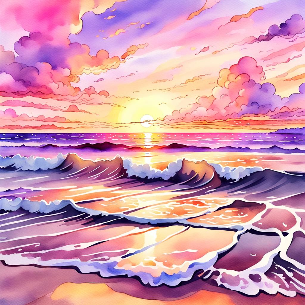 Watercolor Anime Sunset Beach Illustration