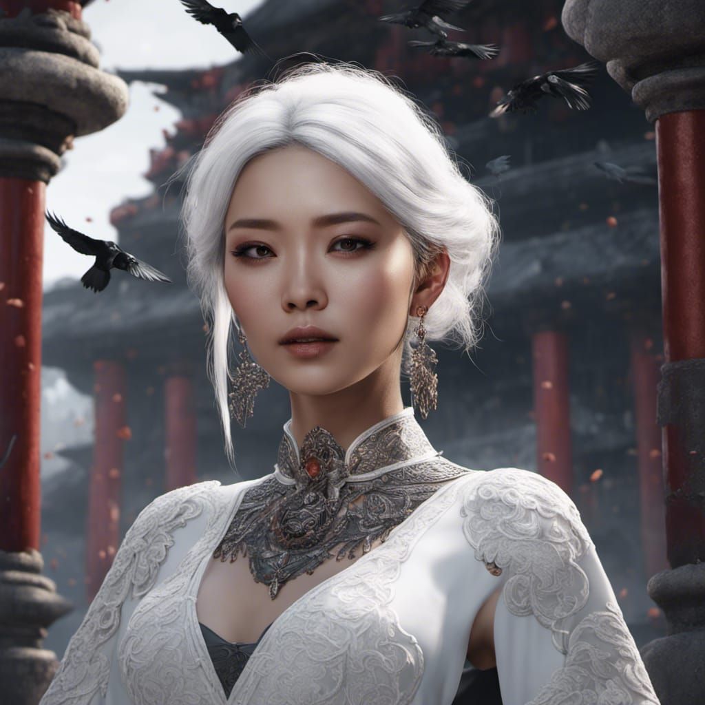 Asian Woman with Ravens in Detailed Matte Painting