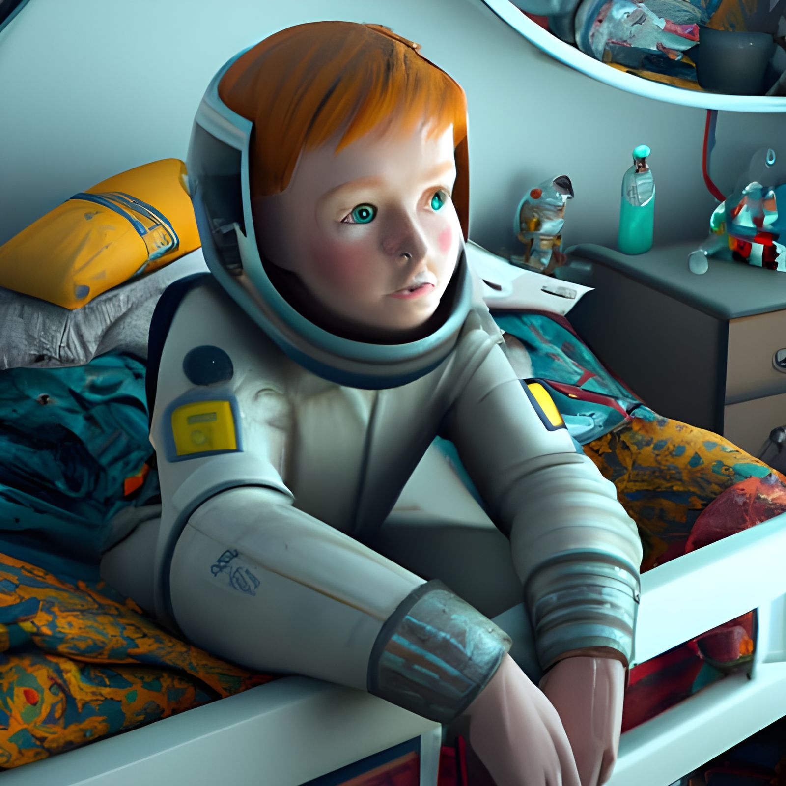 Freckled Boy Astronaut in Colorful Room: 3D Render