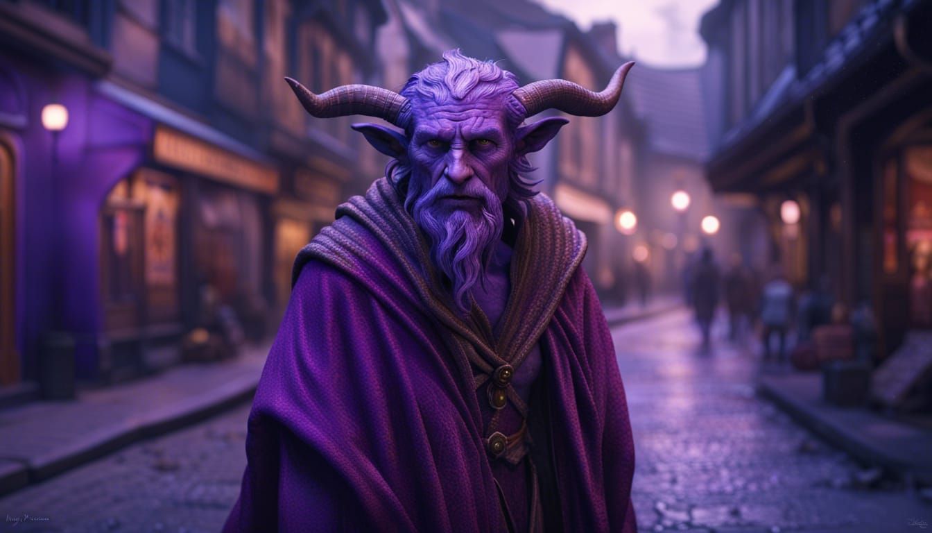 Wizard Satyr in Starry Cloak on Medieval Street