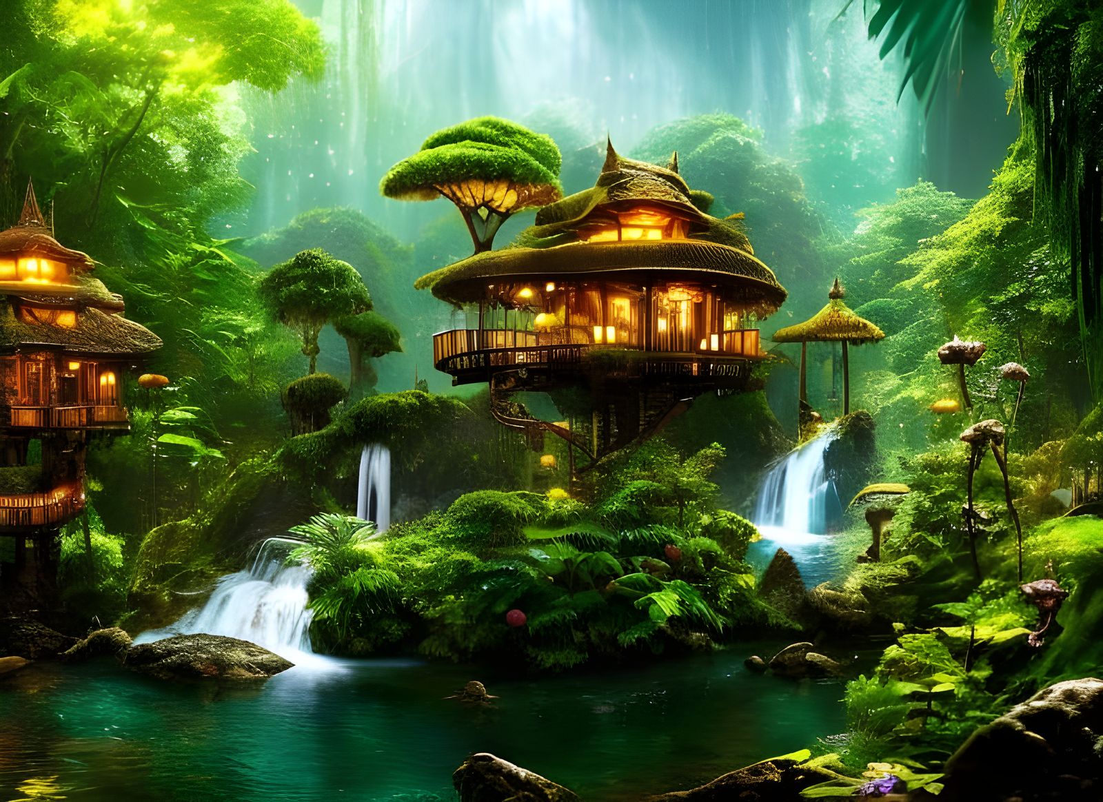Lush Jungle Steampunk Treehouse Waterfall