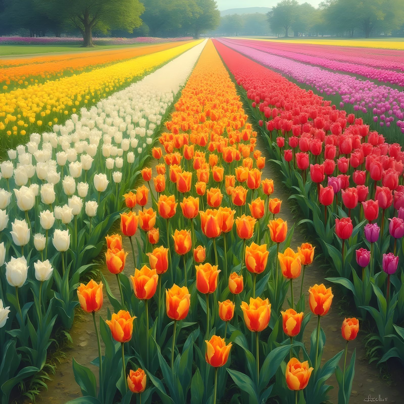 Colorful Tulip Field in Impressionist Digital Art Style