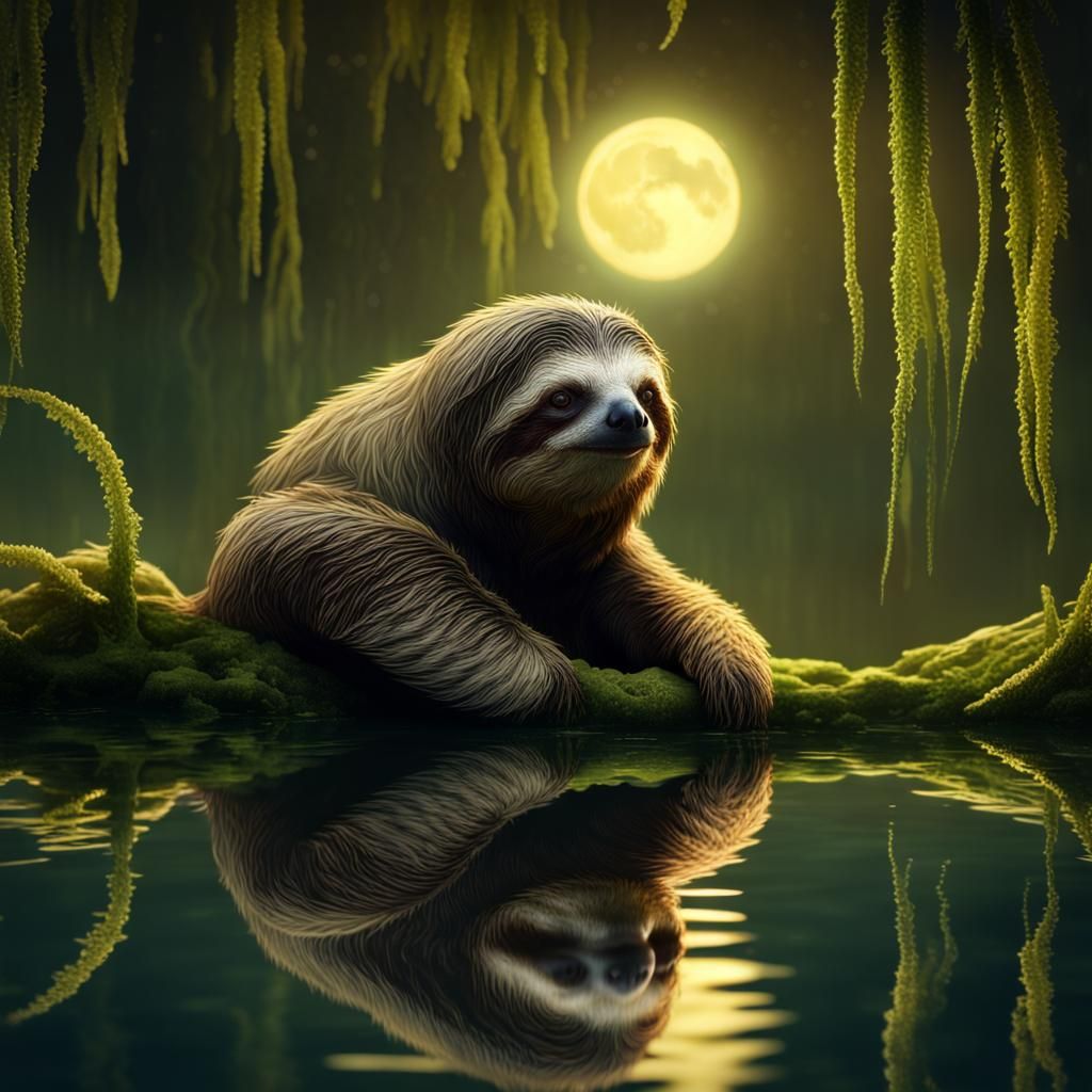 Moonlit Sloth Reflection: Detailed Matte Painting