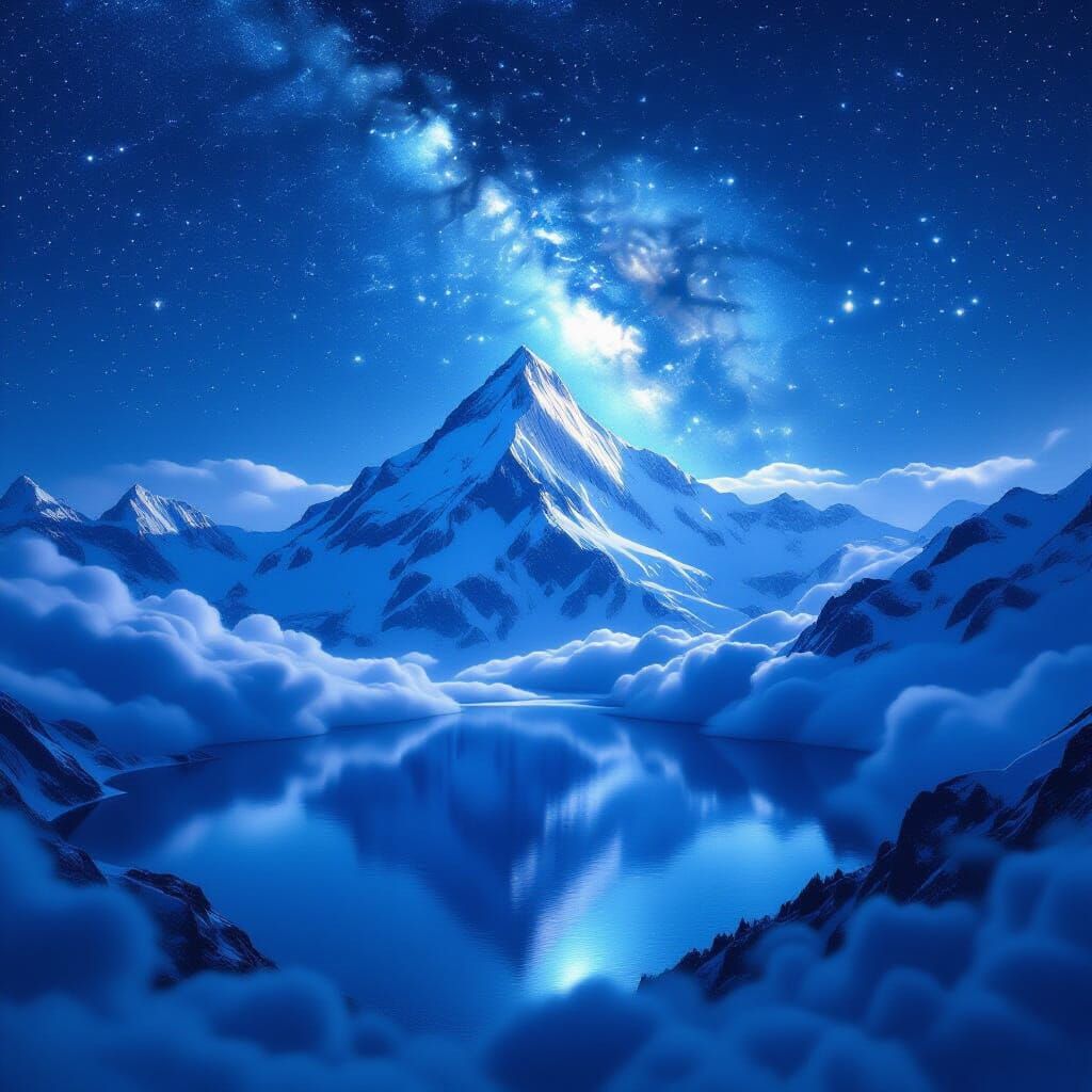 Moonlit Mountain Peak Above Clouds With Reflecting Milky Way