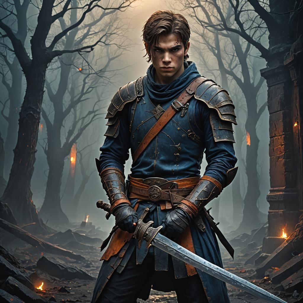 Youthful Warrior with Sword in Dark Fantasy Scene