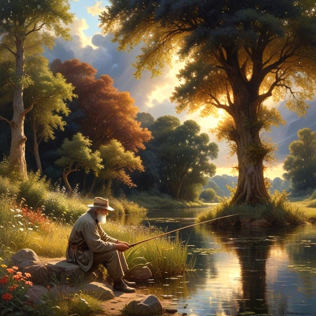 A Gentle Fisherman in a Serene Summer Scene
