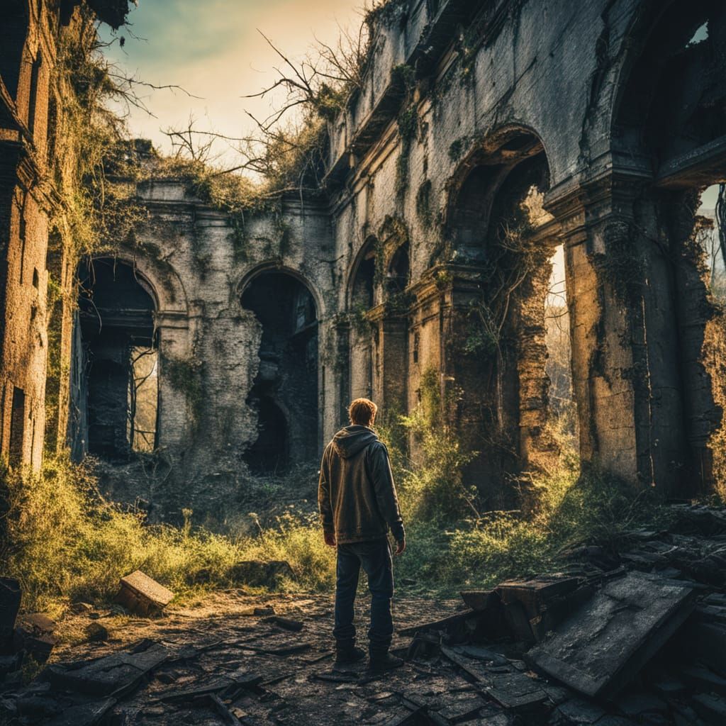 Figure in Ruins: HDR Photography at Golden Hour