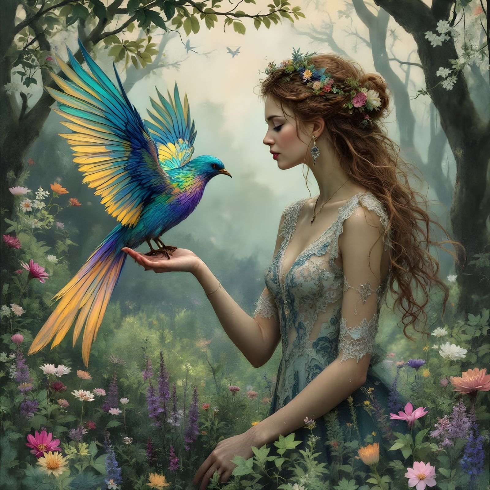 Woman and Bird in Whimsical Mixed Media