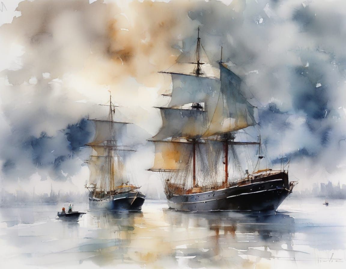 19th Century Ships Sail Icy Waters from Snow-Covered Dock